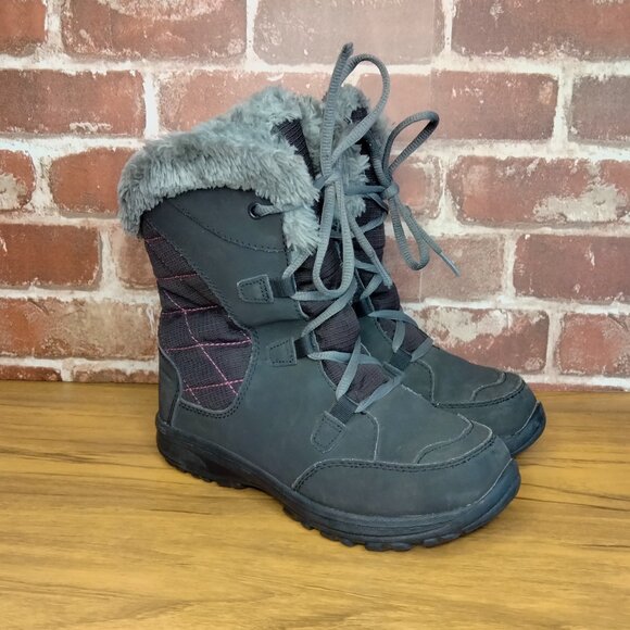 Columbia Snow Boots Girls Size 2 Leather Faux Fur Winter Boots Black Pink - Picture 1 of 7